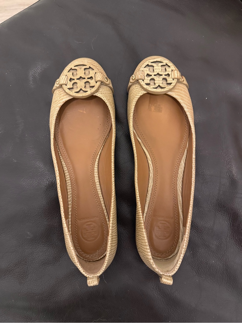Tory Burch Neutral Tan Leather Logo Ballet Flats